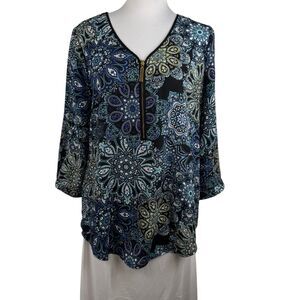 Tacera Women Size Small Tunic Paisley Pattern Roll Tab V-Neck Blouse Front Zip